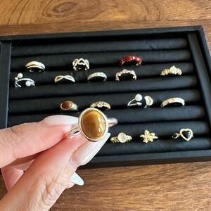 Vintage Mid-Century Style Enamel Oil Dripping Retro Zircon Ring Tiger Eye Stone